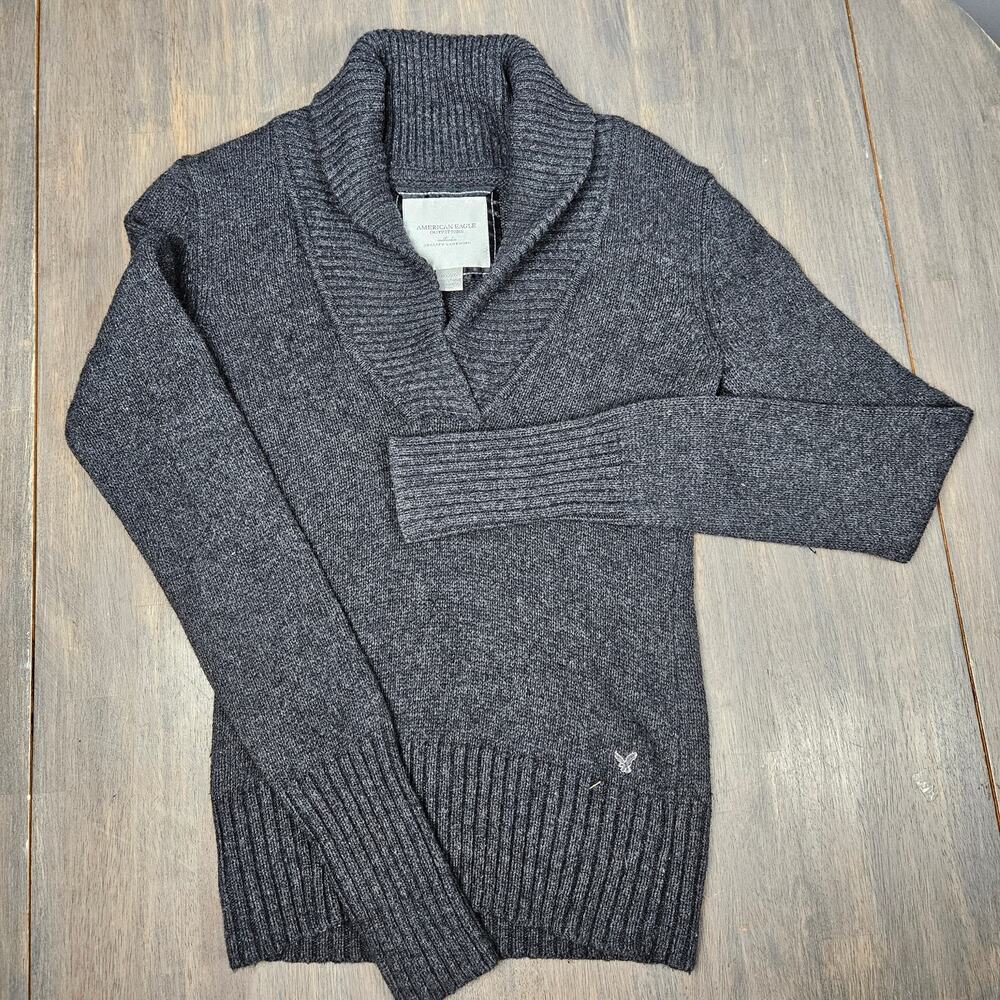 American Eagle Outfitters Womens M Shawl Collar Sweater Gray Cotton‎ Blend Knit